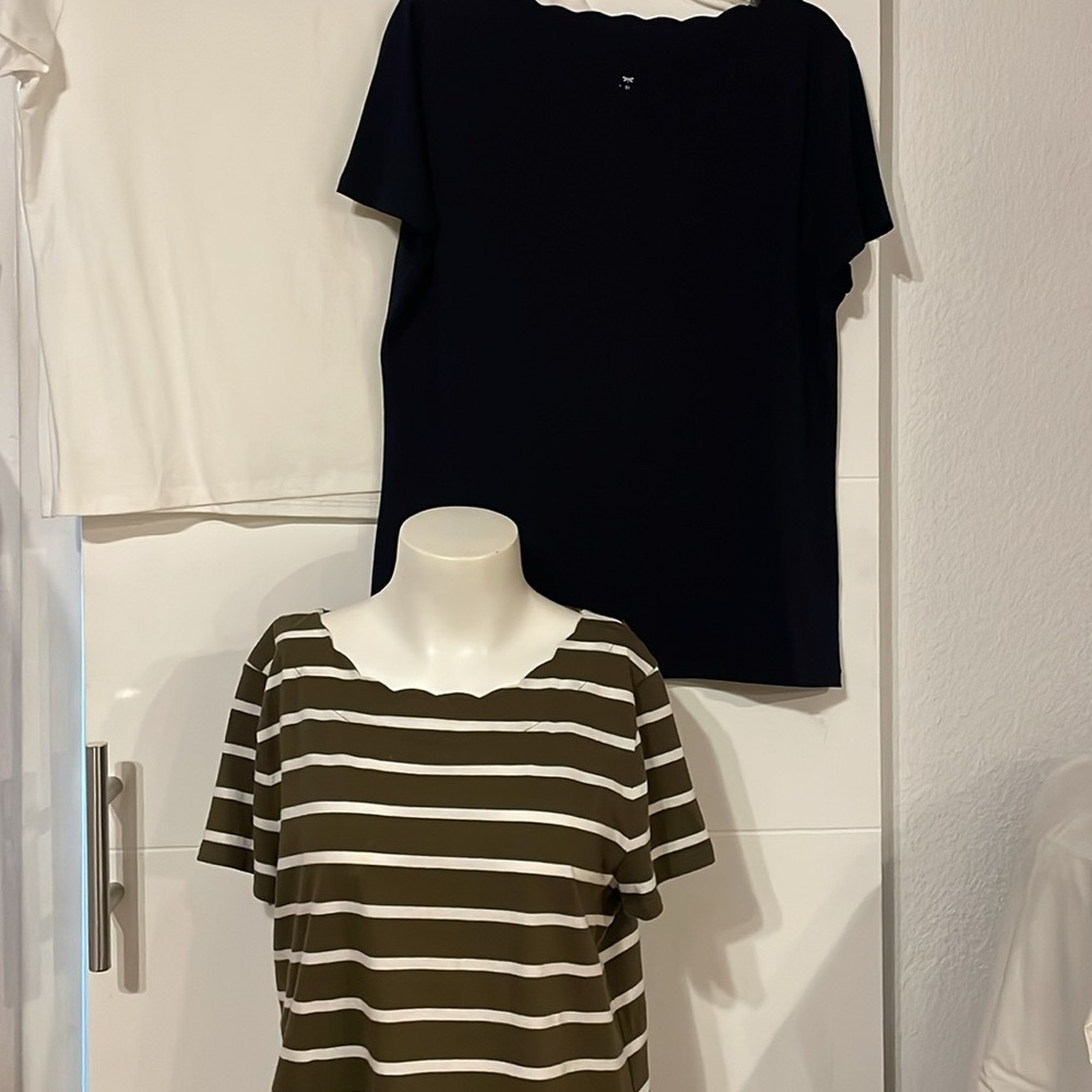 SET OF 3 Talbots Tee: Striped green & white. Solid: blue, white. Women’s Lg